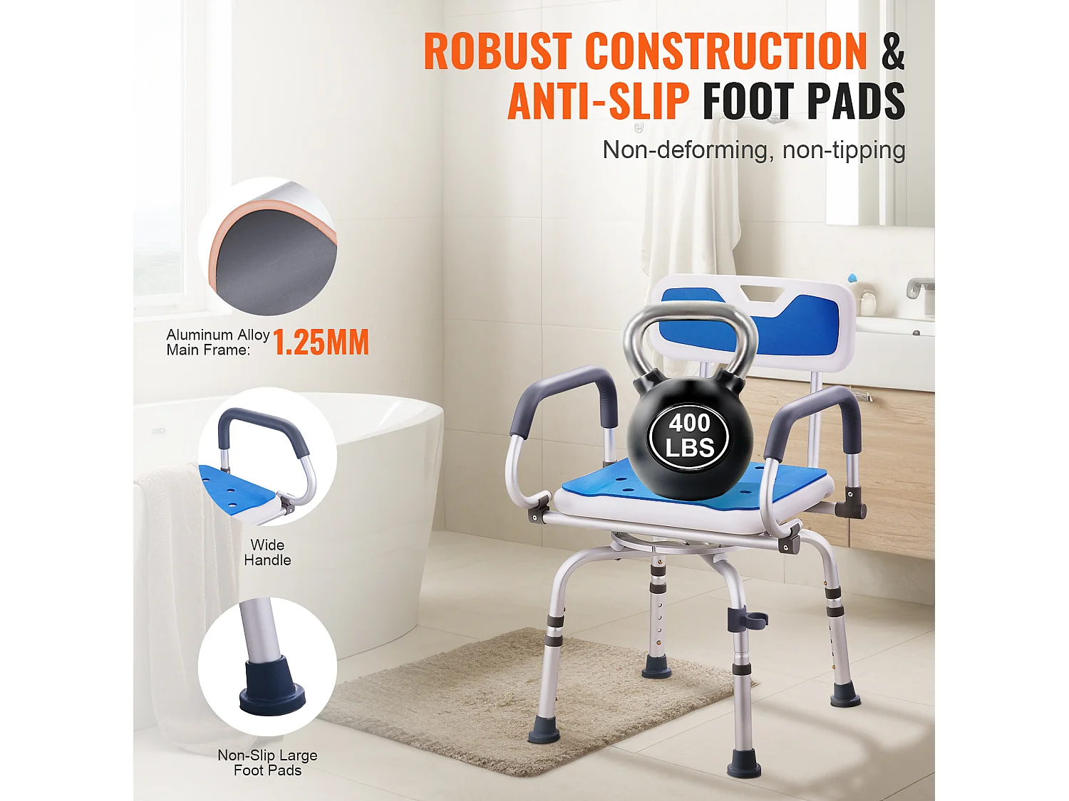 Siège de Douche, SucceBuy Chaise de Douche Pivotante à 360° avec Bras Pivotants, Capacité de 180 kg