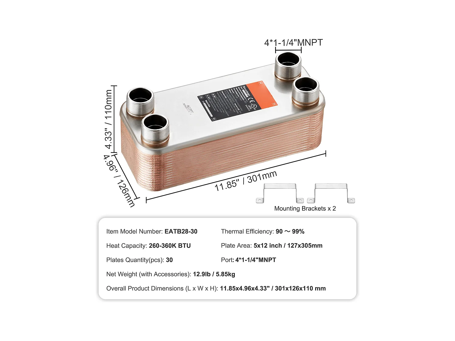 Échangeur de Chaleur SucceBuy à 30 Plaques 41-0.64 cm Ports MNPT 12.7cm x 30.5cm Brasé 316L Acier