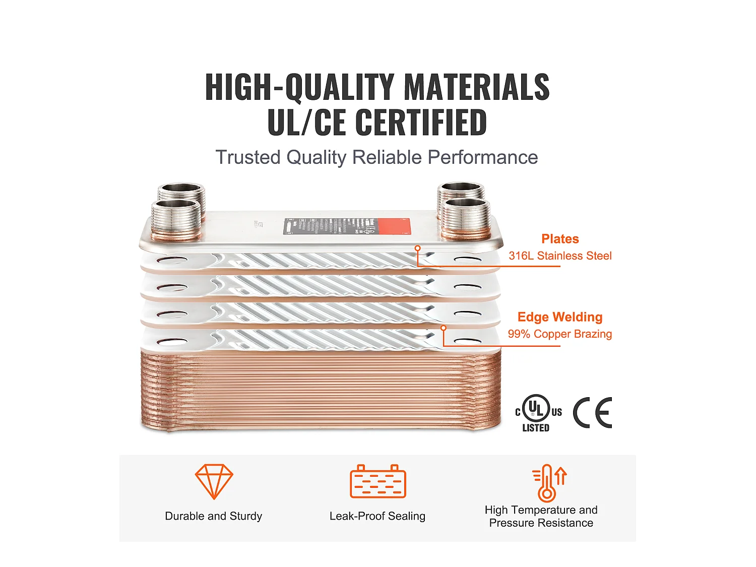 Échangeur de Chaleur SucceBuy à 30 Plaques 41-0.64 cm Ports MNPT 12.7cm x 30.5cm Brasé 316L Acier