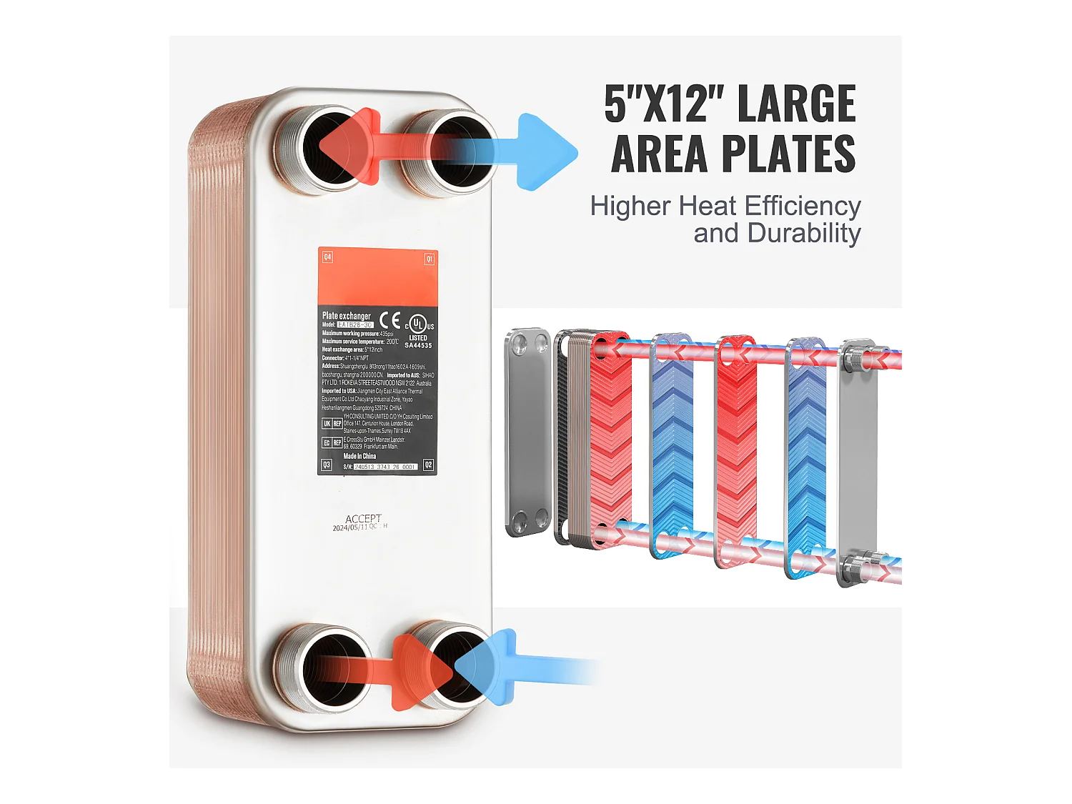 Échangeur de Chaleur SucceBuy à 30 Plaques 41-0.64 cm Ports MNPT 12.7cm x 30.5cm Brasé 316L Acier