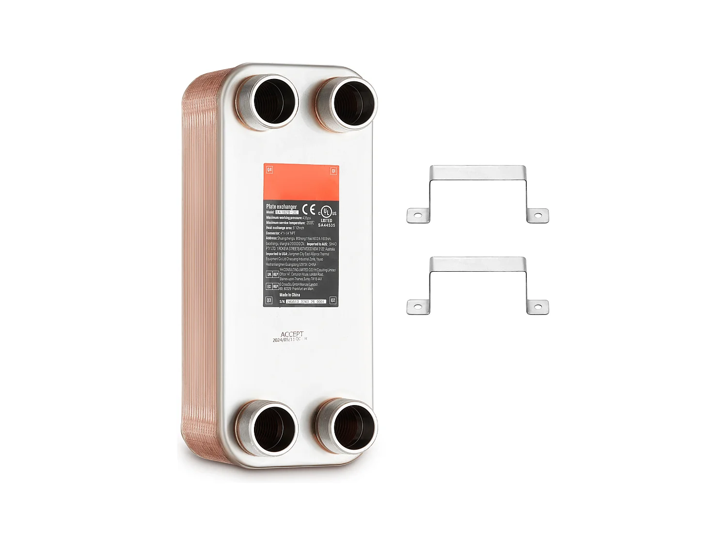 Échangeur de Chaleur SucceBuy à 30 Plaques 41-0.64 cm Ports MNPT 12.7cm x 30.5cm Brasé 316L Acier