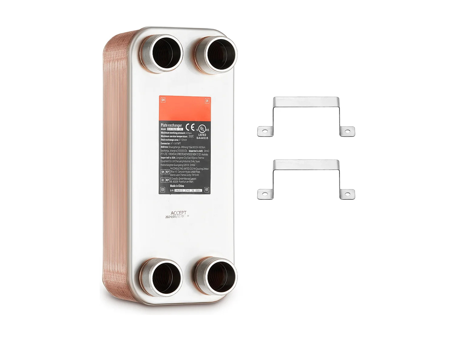 Échangeur de Chaleur SucceBuy à 30 Plaques 41-0.64 cm Ports MNPT 12.7cm x 30.5cm Brasé 316L Acier