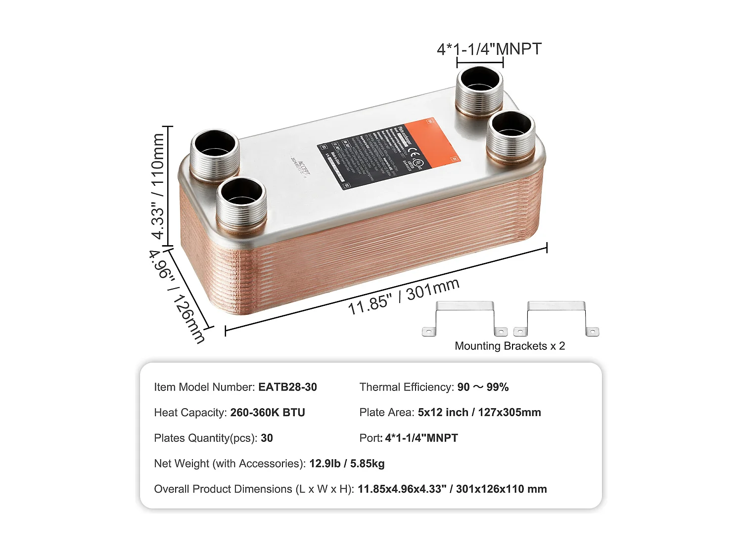 Échangeur de Chaleur SucceBuy à 30 Plaques 41-0.64 cm Ports MNPT 12.7cm x 30.5cm Brasé 316L Acier