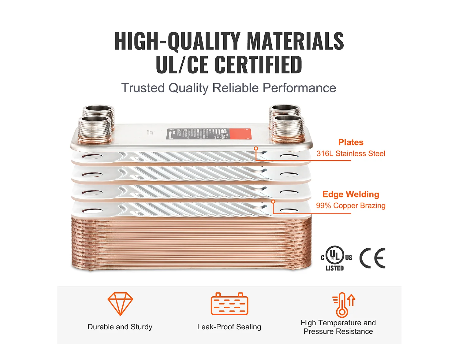 Échangeur de Chaleur SucceBuy à 30 Plaques 41-0.64 cm Ports MNPT 12.7cm x 30.5cm Brasé 316L Acier