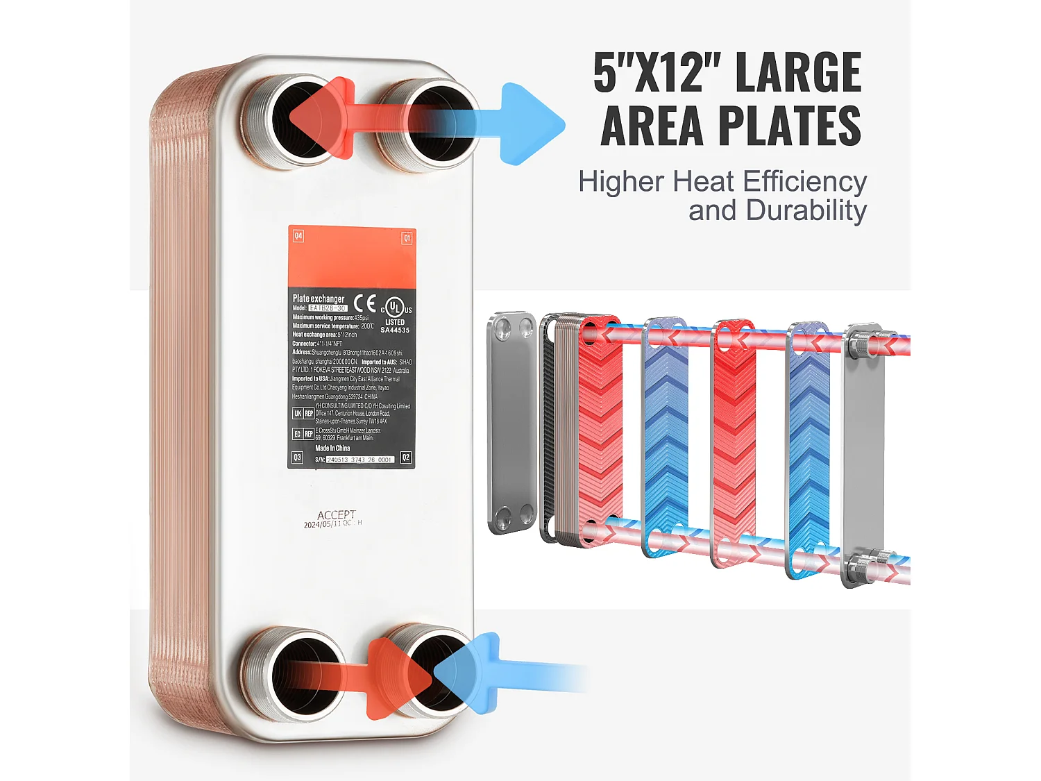 Échangeur de Chaleur SucceBuy à 30 Plaques 41-0.64 cm Ports MNPT 12.7cm x 30.5cm Brasé 316L Acier