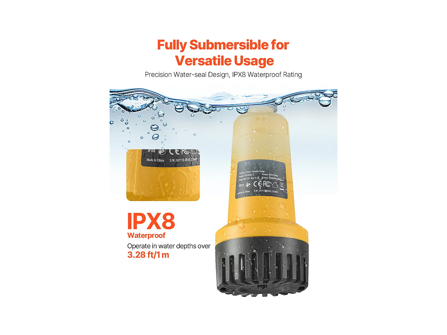 Pompe de Transfert, SucceBuy Pompe à Eau Submersible sans Fil pour Dewalt 20 V MAX (Outil Uniquement)