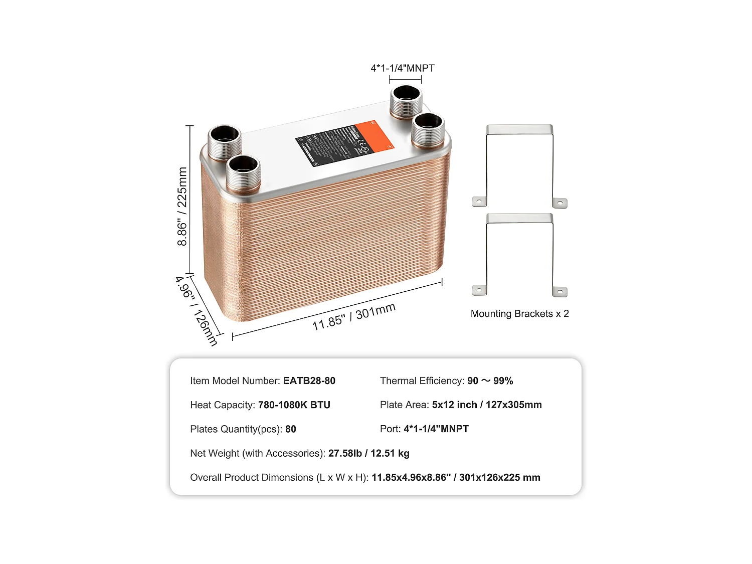 Échangeur de Chaleur SucceBuy à 80 Plaques 41-0.64 cm Ports MNPT 12.7cm x 30.5cm Brasé 316L Acier