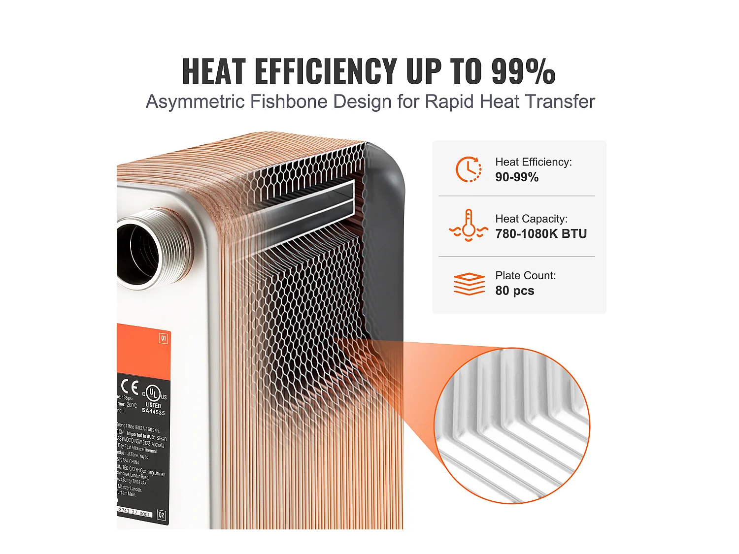 Échangeur de Chaleur SucceBuy à 80 Plaques 41-0.64 cm Ports MNPT 12.7cm x 30.5cm Brasé 316L Acier