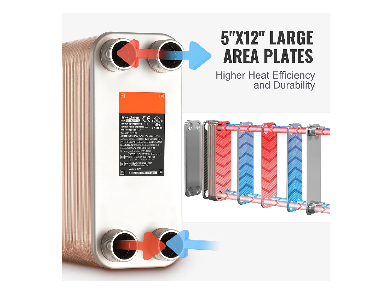 Échangeur de Chaleur SucceBuy à 80 Plaques 41-0.64 cm Ports MNPT 12.7cm x 30.5cm Brasé 316L Acier