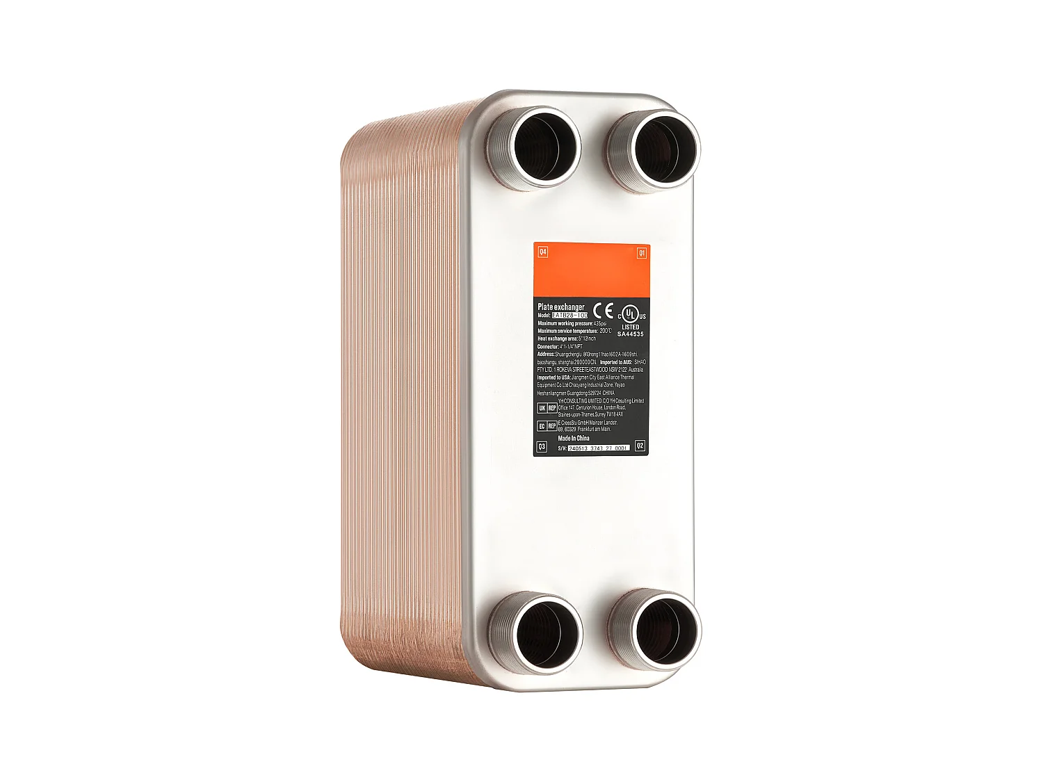 Échangeur de Chaleur SucceBuy à 80 Plaques 41-0.64 cm Ports MNPT 12.7cm x 30.5cm Brasé 316L Acier