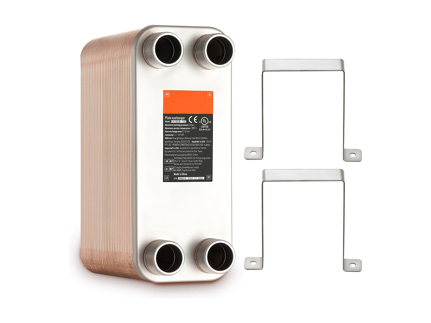 Échangeur de Chaleur SucceBuy à 80 Plaques 41-0.64 cm Ports MNPT 12.7cm x 30.5cm Brasé 316L Acier