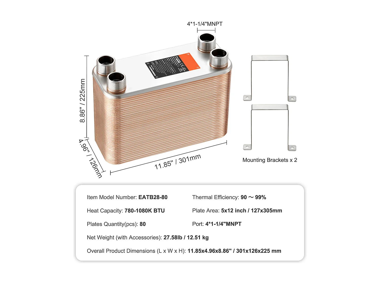 Échangeur de Chaleur SucceBuy à 80 Plaques 41-0.64 cm Ports MNPT 12.7cm x 30.5cm Brasé 316L Acier