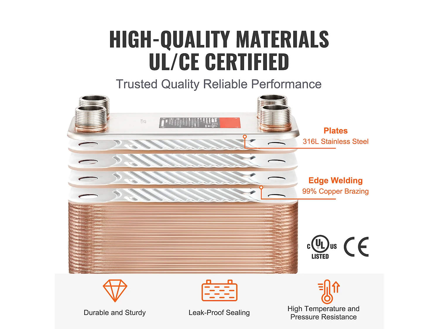 Échangeur de Chaleur SucceBuy à 80 Plaques 41-0.64 cm Ports MNPT 12.7cm x 30.5cm Brasé 316L Acier