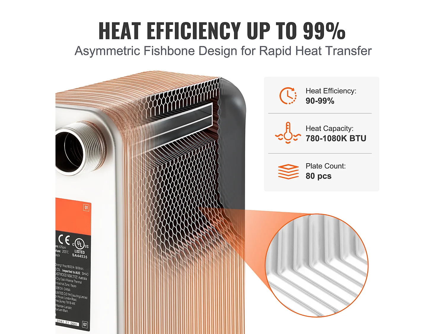 Échangeur de Chaleur SucceBuy à 80 Plaques 41-0.64 cm Ports MNPT 12.7cm x 30.5cm Brasé 316L Acier