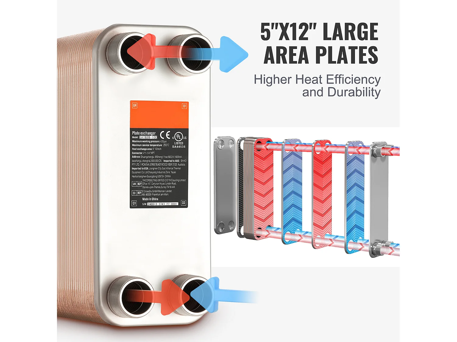 Échangeur de Chaleur SucceBuy à 80 Plaques 41-0.64 cm Ports MNPT 12.7cm x 30.5cm Brasé 316L Acier