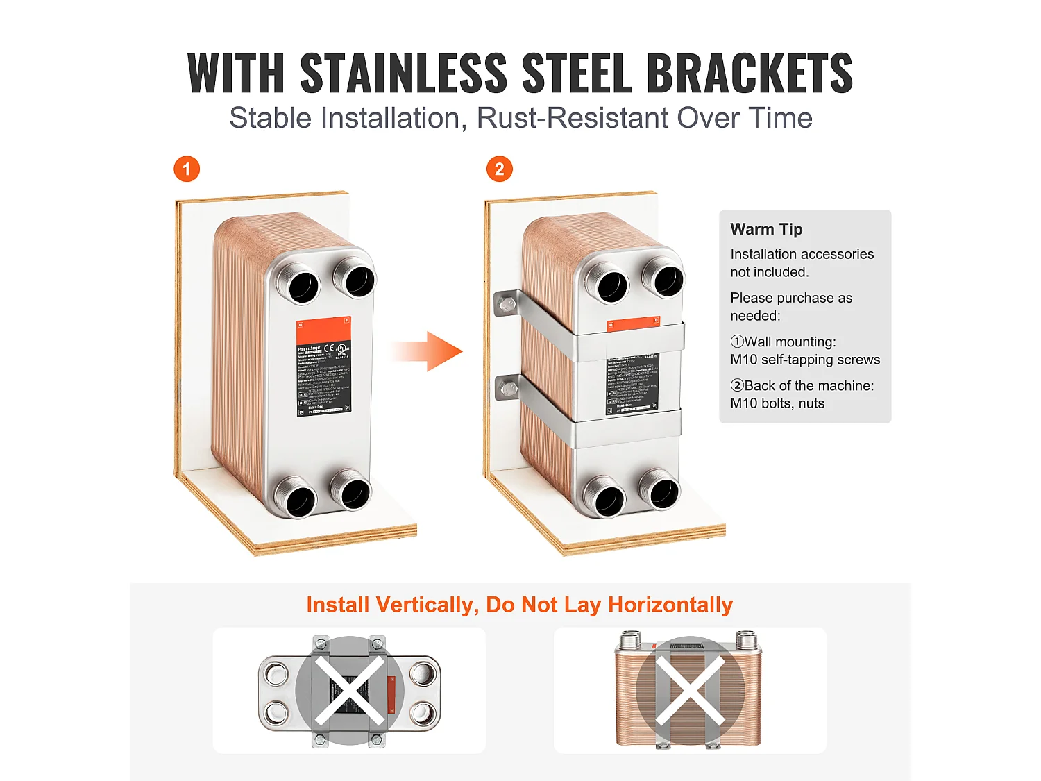 Échangeur de Chaleur SucceBuy à 80 Plaques 41-0.64 cm Ports MNPT 12.7cm x 30.5cm Brasé 316L Acier