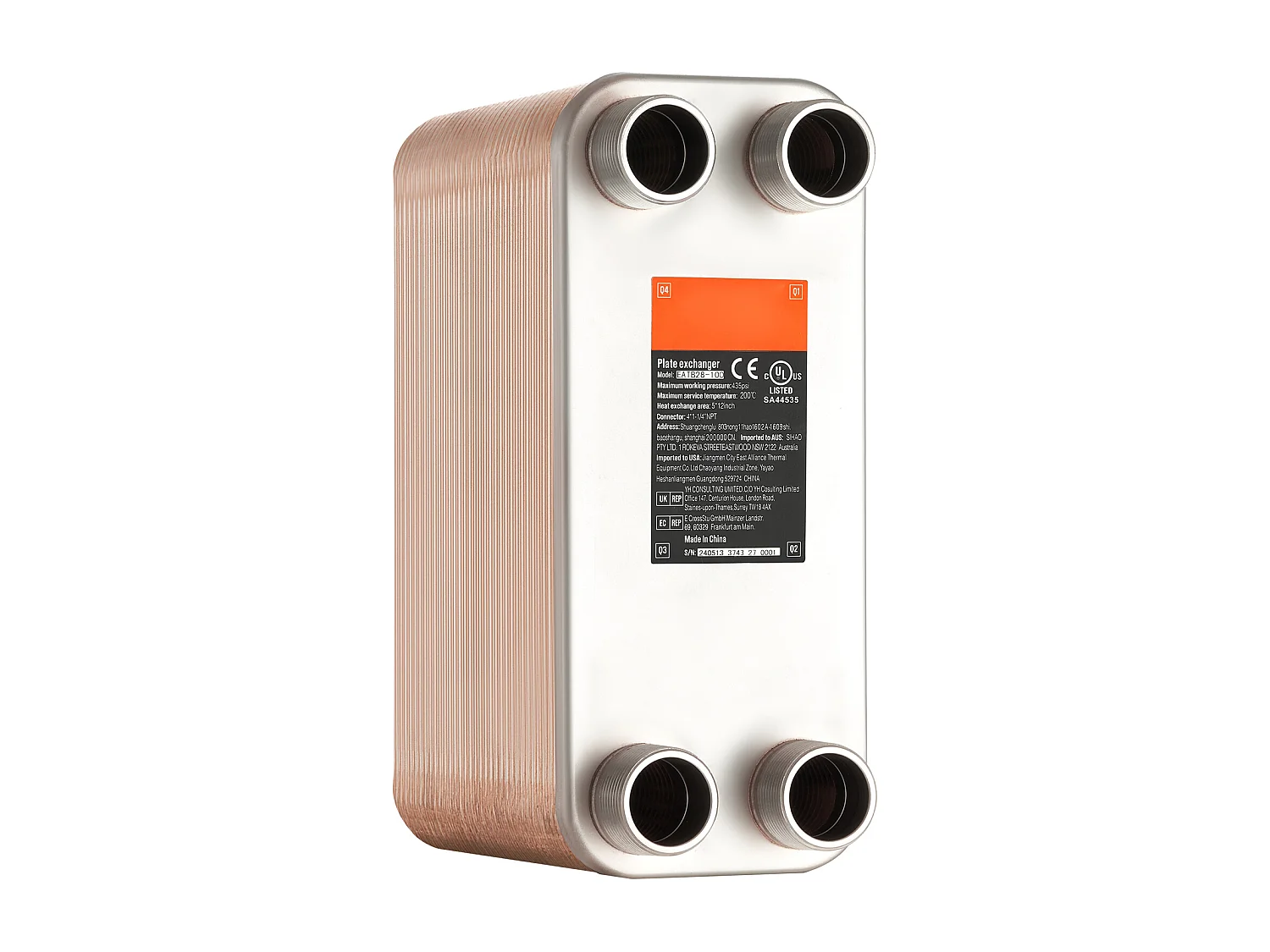 Échangeur de Chaleur SucceBuy à 80 Plaques 41-0.64 cm Ports MNPT 12.7cm x 30.5cm Brasé 316L Acier