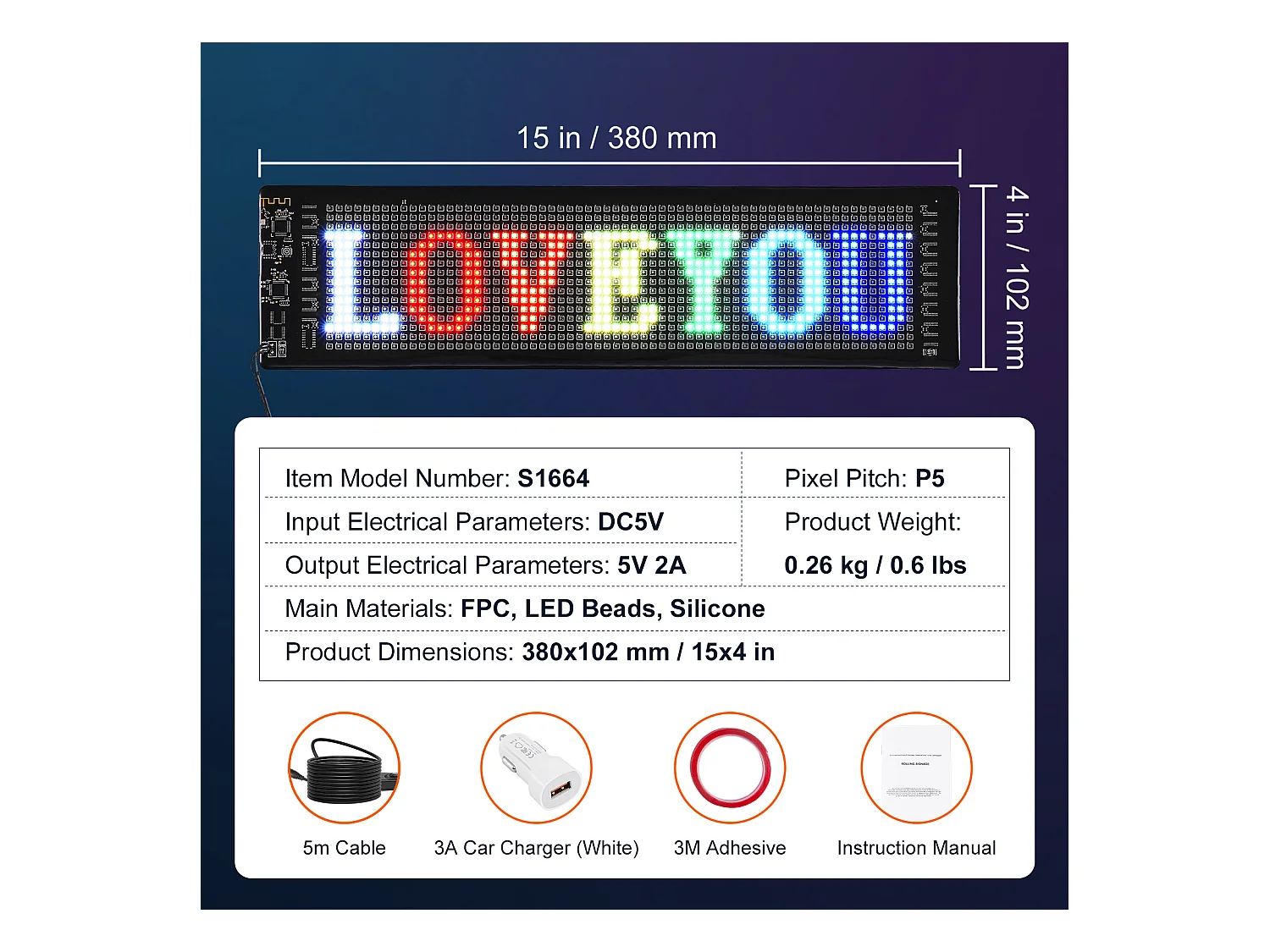 Plaque Publicitaire, SucceBuy Panneau LED Programmable, Panneau d'Affichage à Défilement Couleur P5 38 × 10 cm