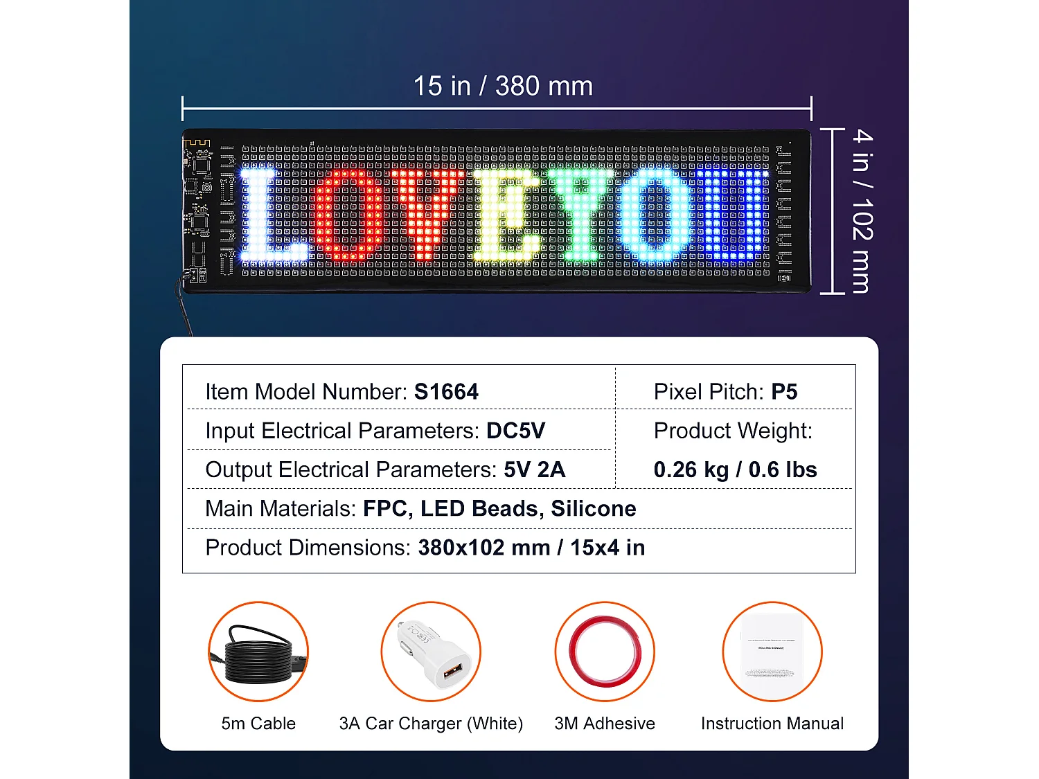 Plaque Publicitaire, SucceBuy Panneau LED Programmable, Panneau d'Affichage à Défilement Couleur P5 38 × 10 cm