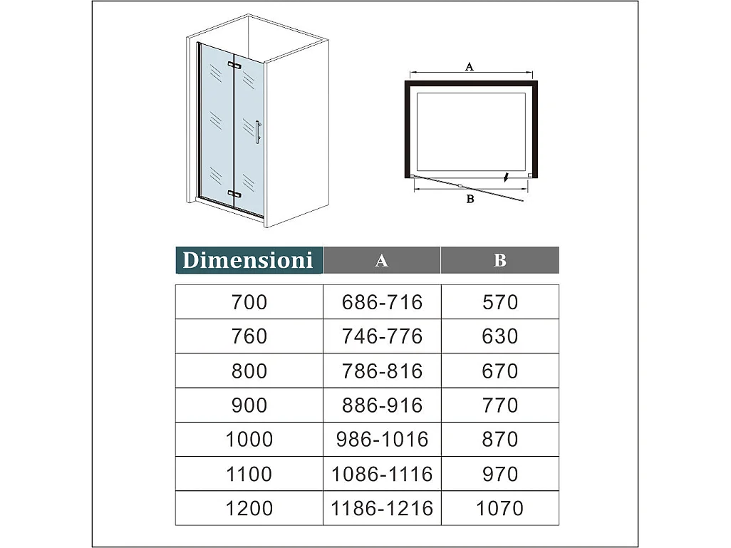 80x195 cm Porta Doccia Per Nicchia Battente e Pieghevole a Libro In Vetro Temperato Trasparente Anticalcare Da 6 mm