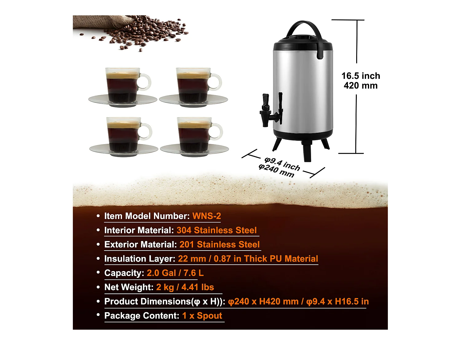 Distributeur de Boissons, SucceBuy Distributeur de Boissons Isotherme 7,6 L en Acier Inoxydable