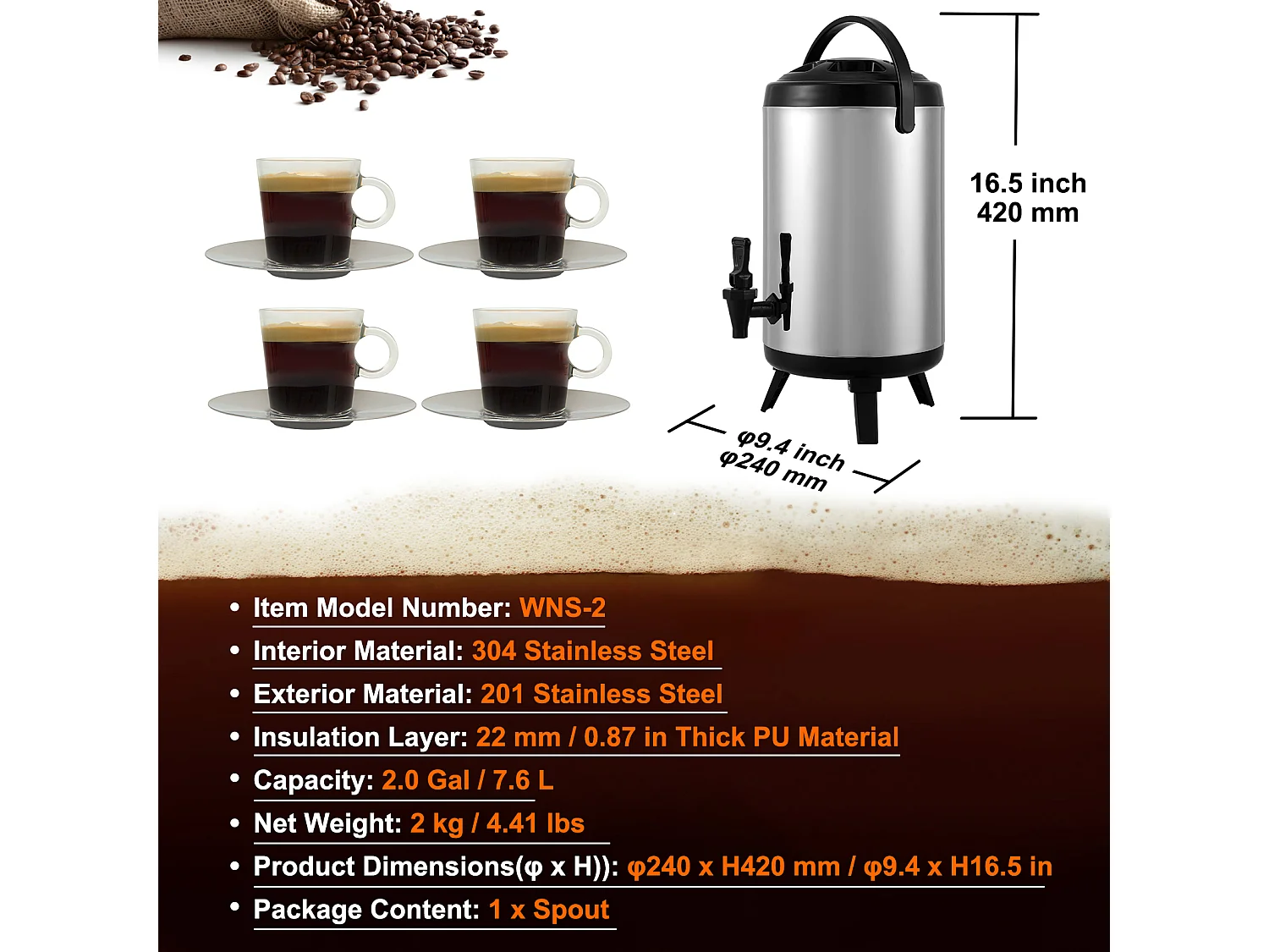 Distribuidor de Bebidas, SucceBuy 7,6 L Distribuidor de Bebidas Isolado em Aço Inoxidável