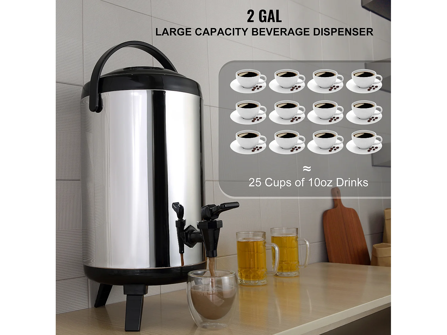 Distribuidor de Bebidas, SucceBuy 7,6 L Distribuidor de Bebidas Isolado em Aço Inoxidável