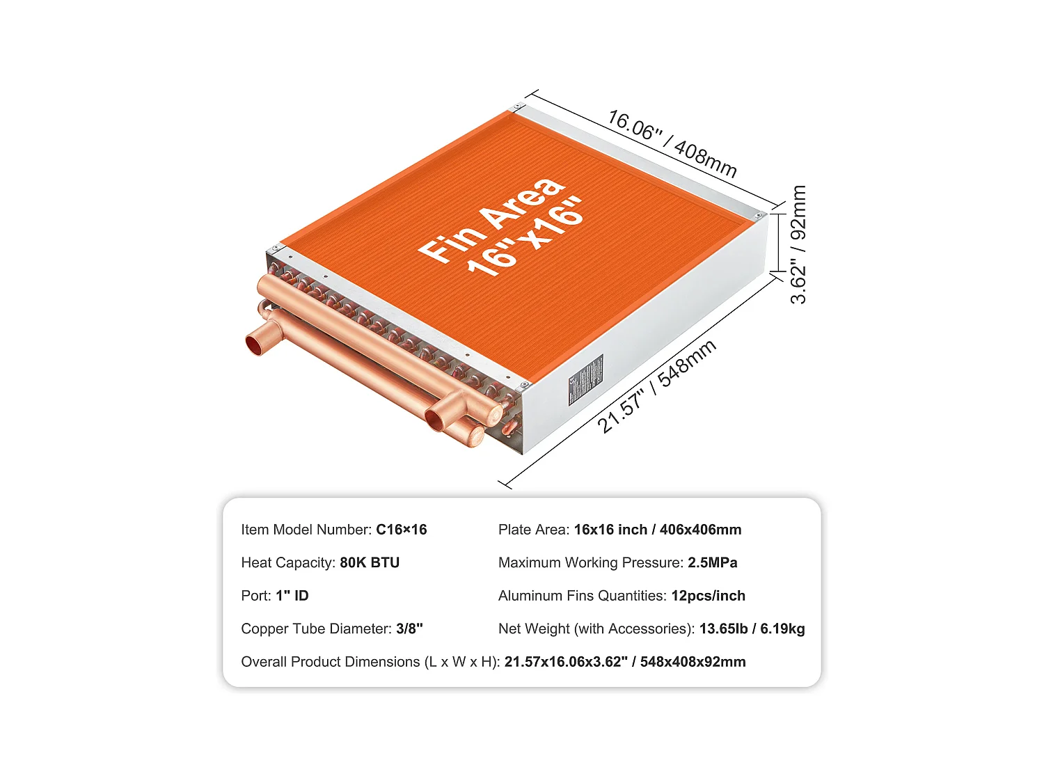 Échangeur de Chaleur Eau-Air SucceBuy 41cm x 41cm, 3 Rangées, Ports 7.6cm/20.3cm, 193 Ailettes