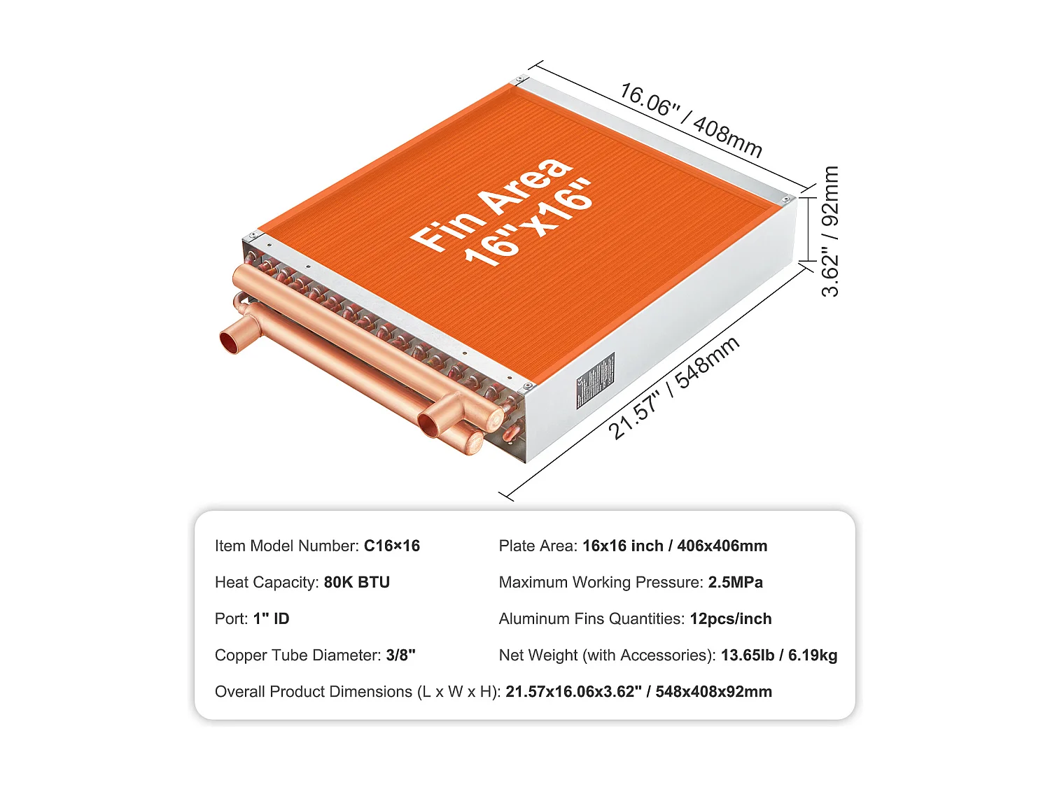 Échangeur de Chaleur Eau-Air SucceBuy 41cm x 41cm, 3 Rangées, Ports 7.6cm/20.3cm, 193 Ailettes