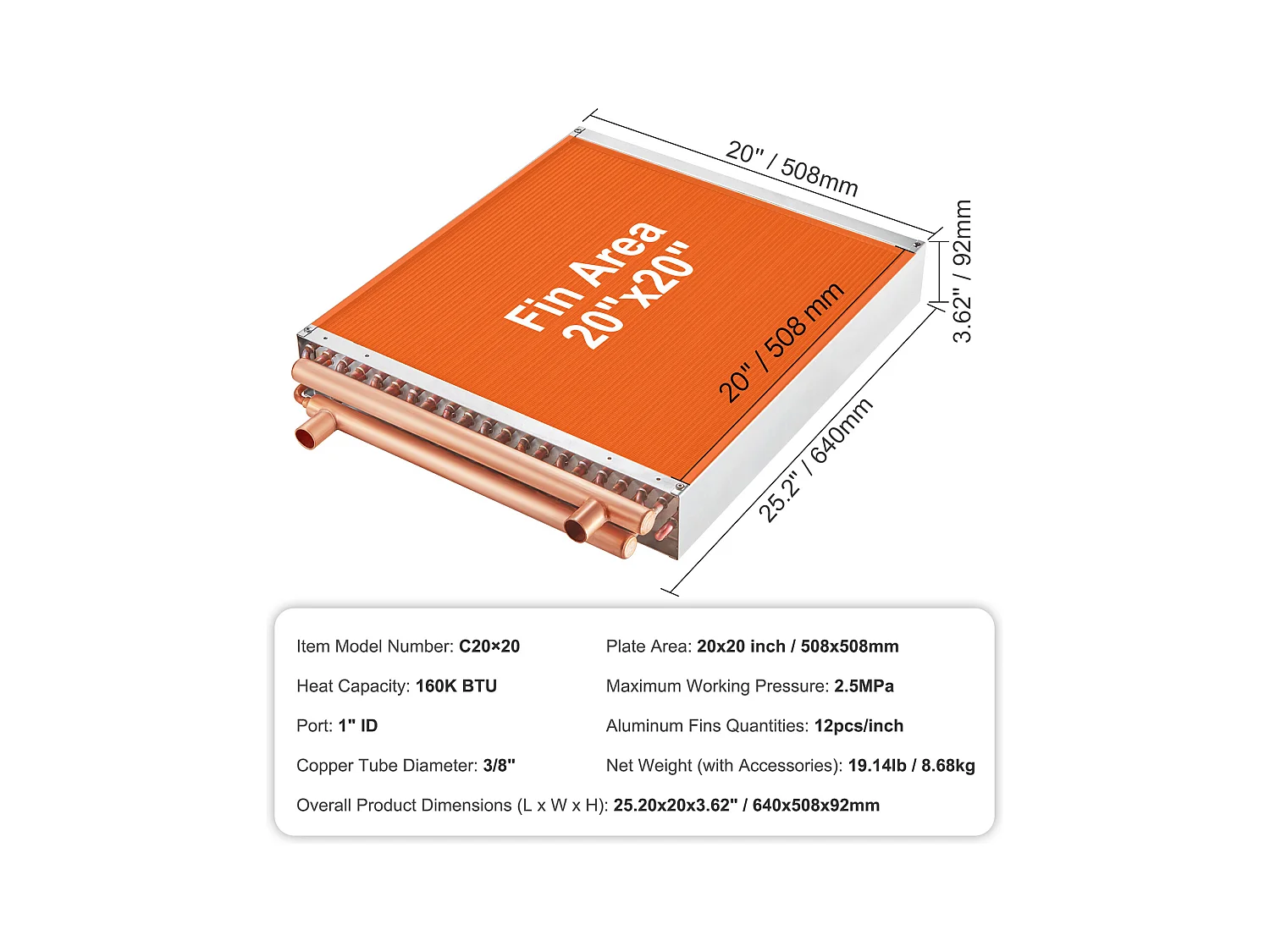 Échangeur de Chaleur Eau-Air SucceBuy 51cm x 51cm, 3 Rangées, Ports 7.6cm/20.3cm, 242 Ailettes