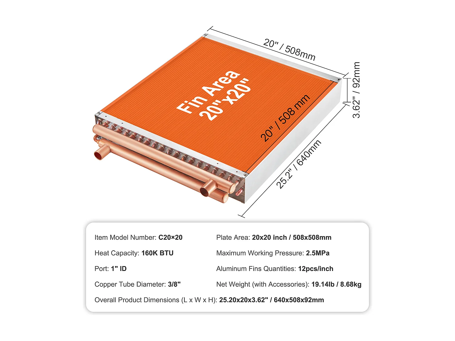 Water-Lucht Warmtewisselaar SucceBuy 51cm x 51cm, 3 Rijen, Poorten 7.6cm/20.3cm, 242 Vinnen