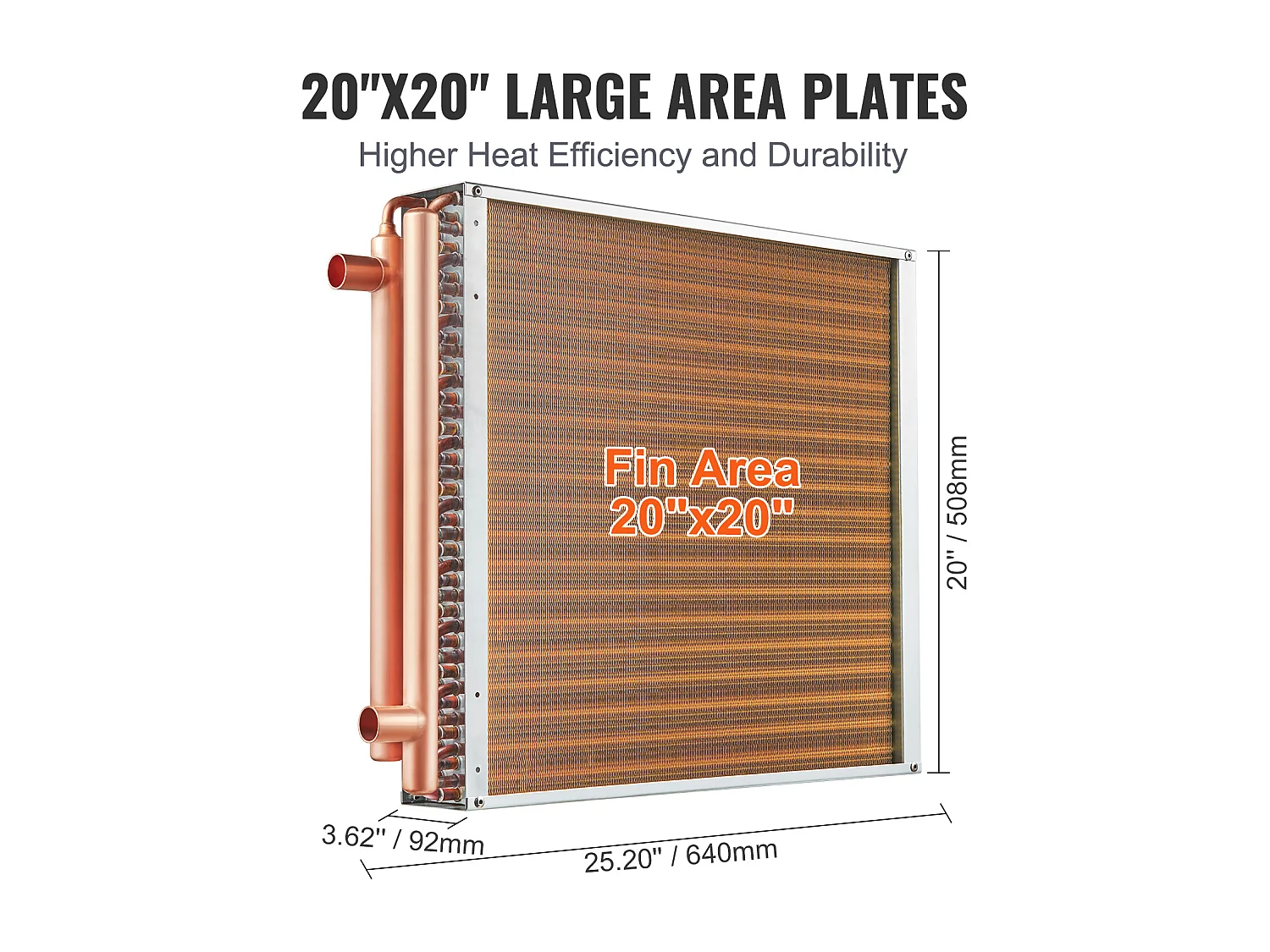 Water-Lucht Warmtewisselaar SucceBuy 51cm x 51cm, 3 Rijen, Poorten 7.6cm/20.3cm, 242 Vinnen