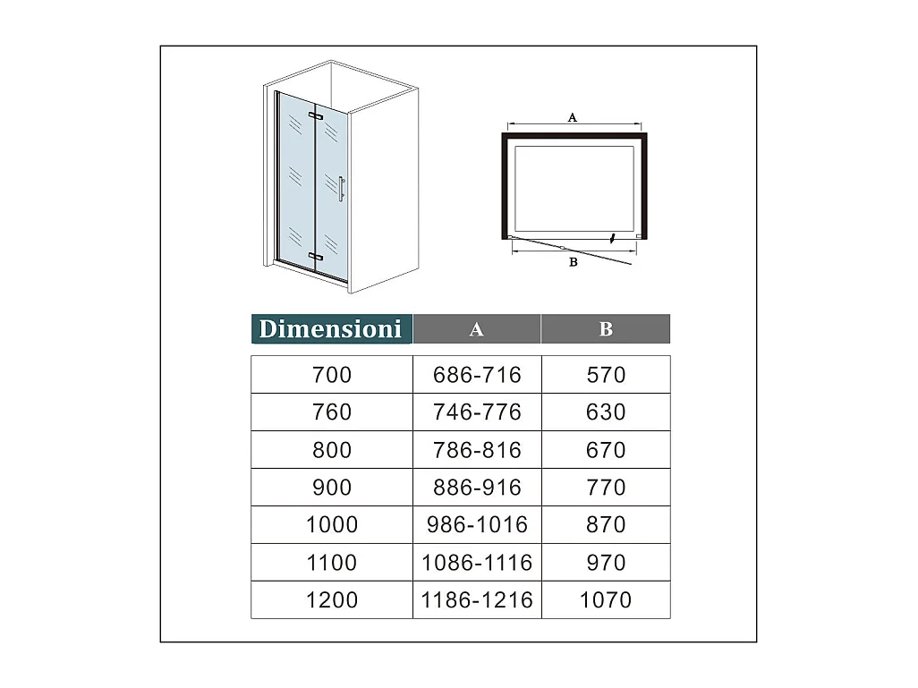 70x185 cm Porta Doccia Per Nicchia Pieghevole-Battente a Libro In Vetro Da 6mm Temperato Trasparente Anticalcare