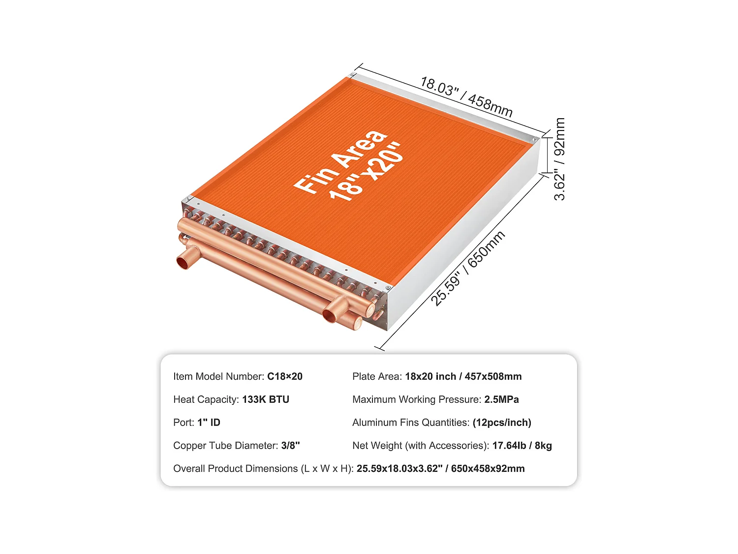 Échangeur de Chaleur Eau-Air SucceBuy 46cm x 51cm, 3 Rangées, Ports 7.6/20.3cm, 242 Ailettes
