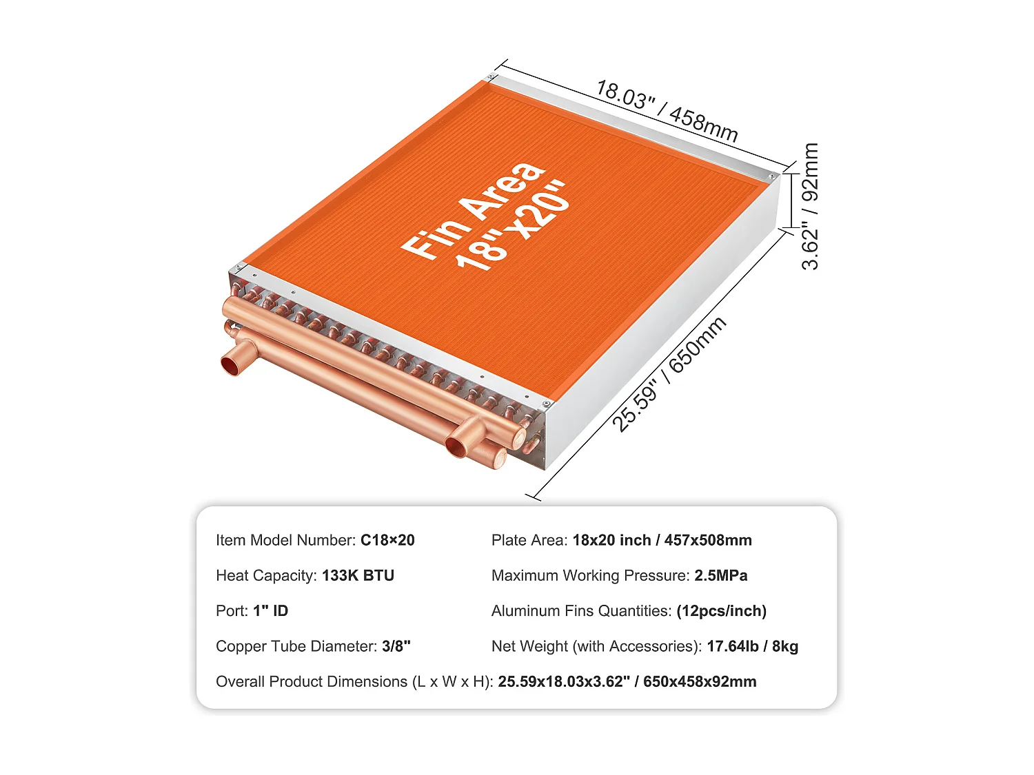 Intercambiador de Calor Agua-Aire SucceBuy 46cm x 51cm, 3 Filas, Puertos 7.6/20.3cm, 242 Aletas