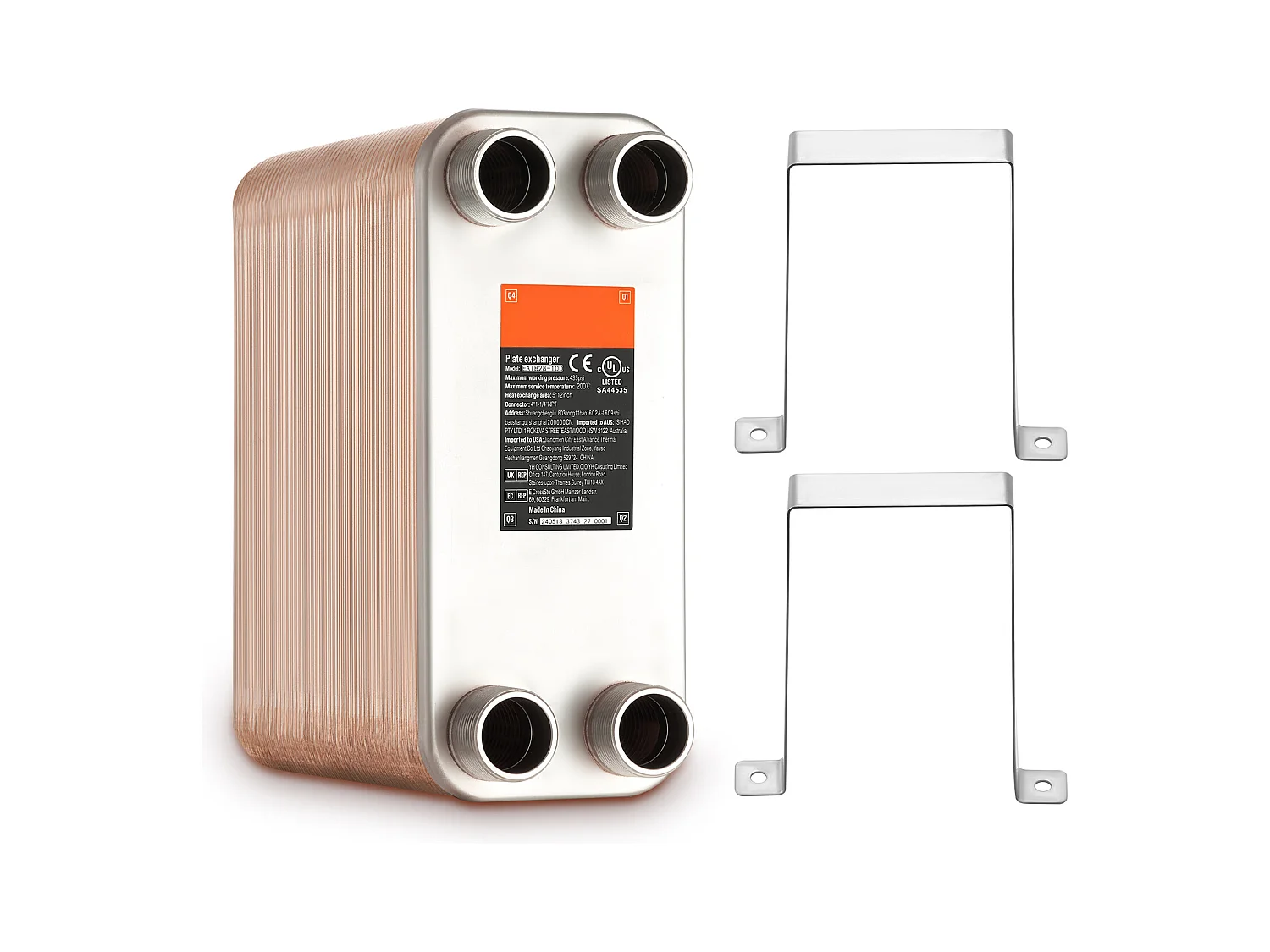 Échangeur de Chaleur SucceBuy à 100 Plaques 41-0.64cm Ports MNPT 12.7cm x 30.5cm Brasé 316L Acier