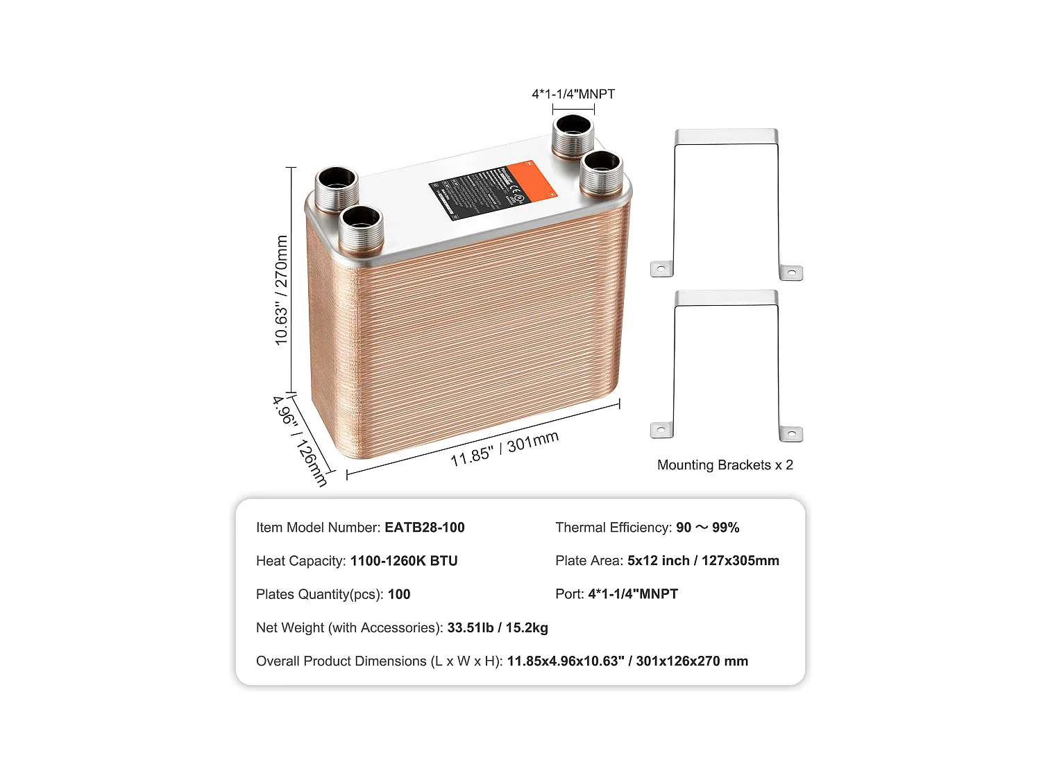 Échangeur de Chaleur SucceBuy à 100 Plaques 41-0.64cm Ports MNPT 12.7cm x 30.5cm Brasé 316L Acier