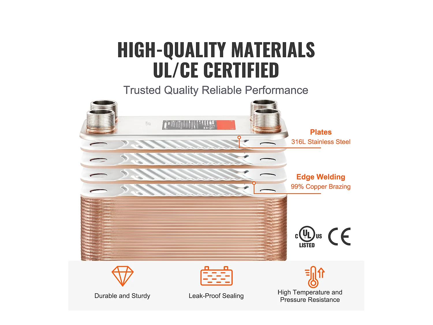 Échangeur de Chaleur SucceBuy à 100 Plaques 41-0.64cm Ports MNPT 12.7cm x 30.5cm Brasé 316L Acier