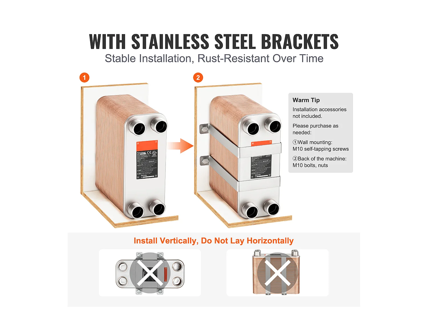 Échangeur de Chaleur SucceBuy à 100 Plaques 41-0.64cm Ports MNPT 12.7cm x 30.5cm Brasé 316L Acier