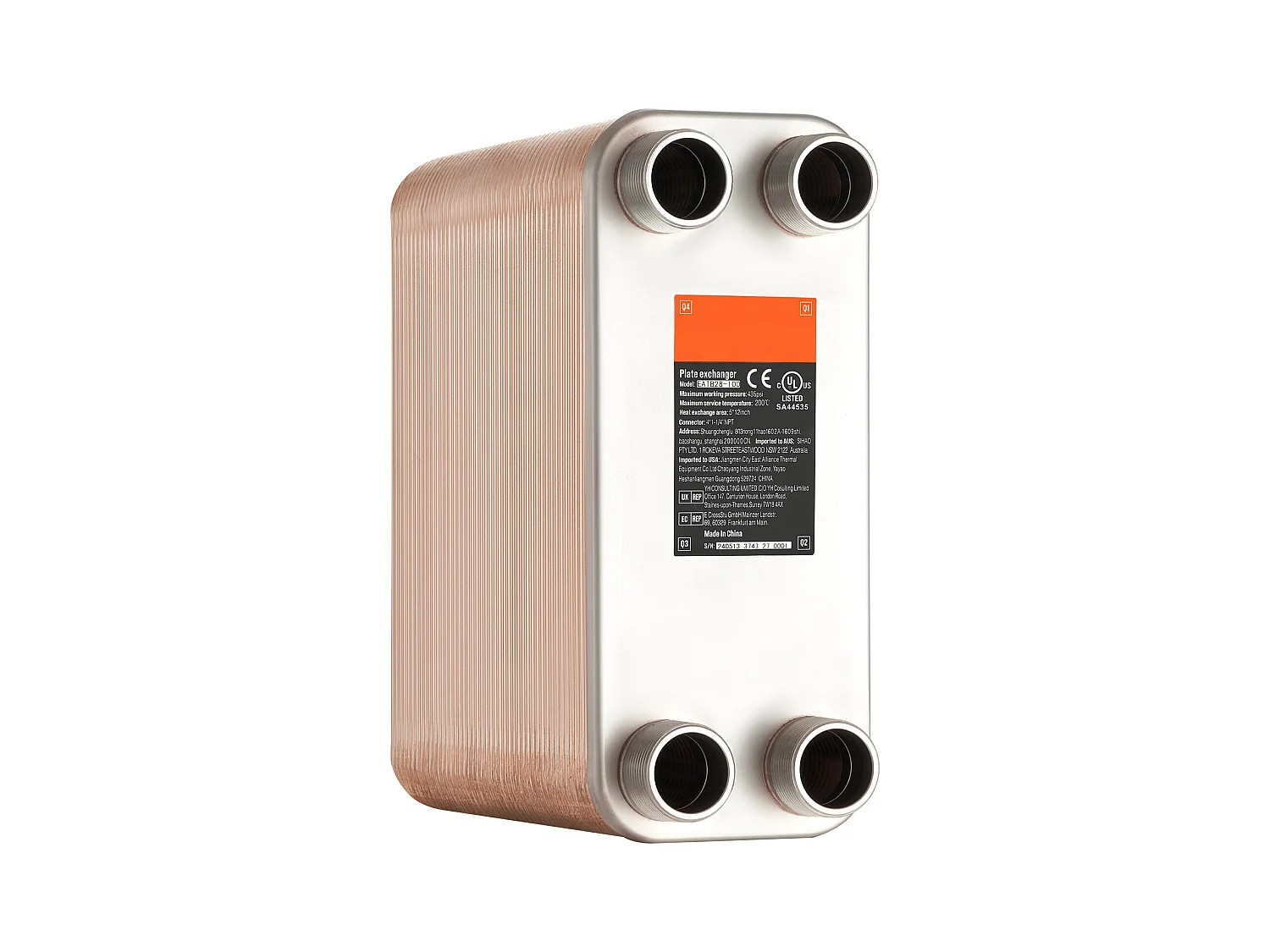 Échangeur de Chaleur SucceBuy à 100 Plaques 41-0.64cm Ports MNPT 12.7cm x 30.5cm Brasé 316L Acier