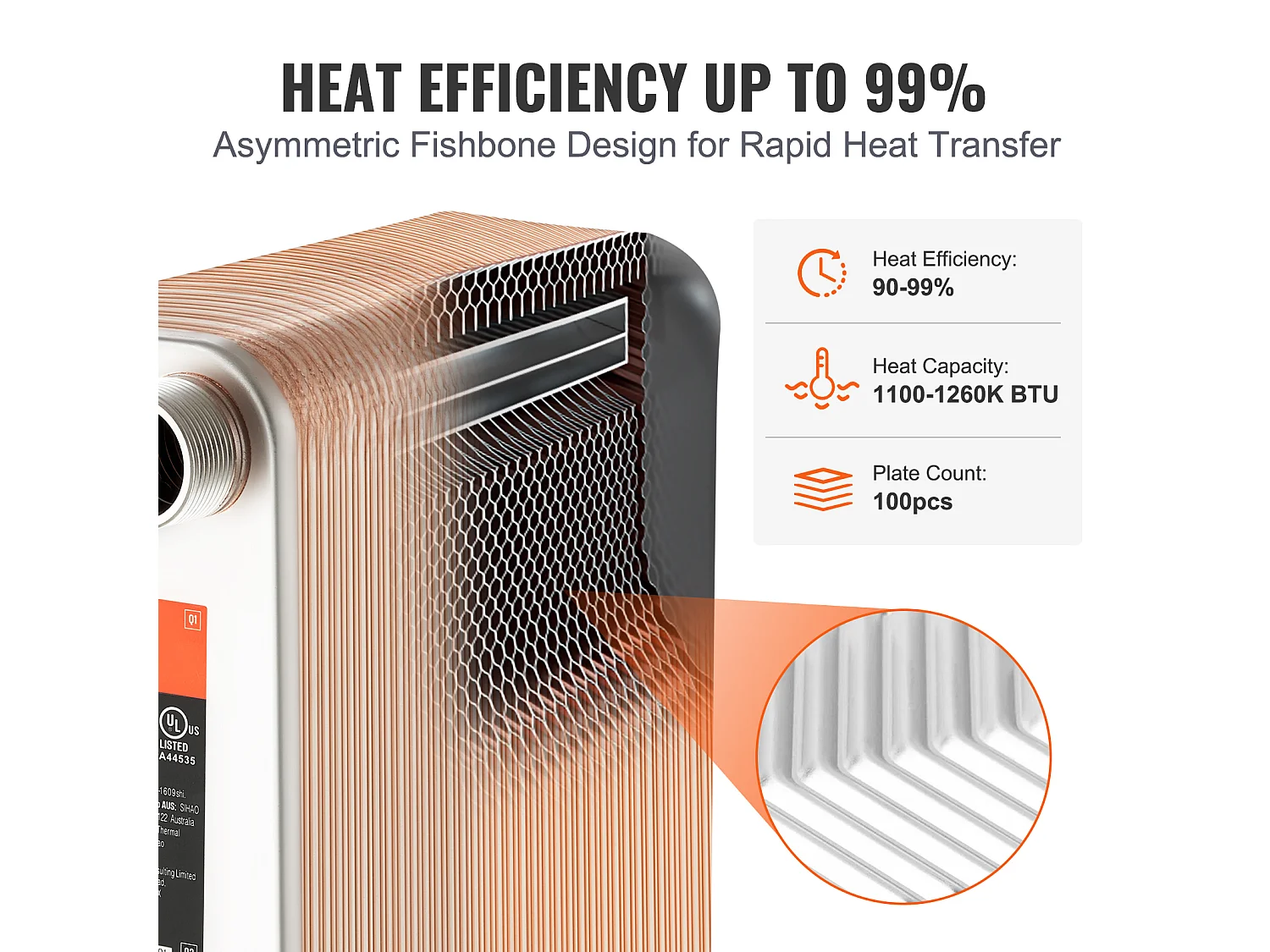 Intercambiador de Calor SucceBuy de 100 Placas 41-0.64cm Puertos MNPT 12.7cm x 30.5cm Soldado 316L Acero