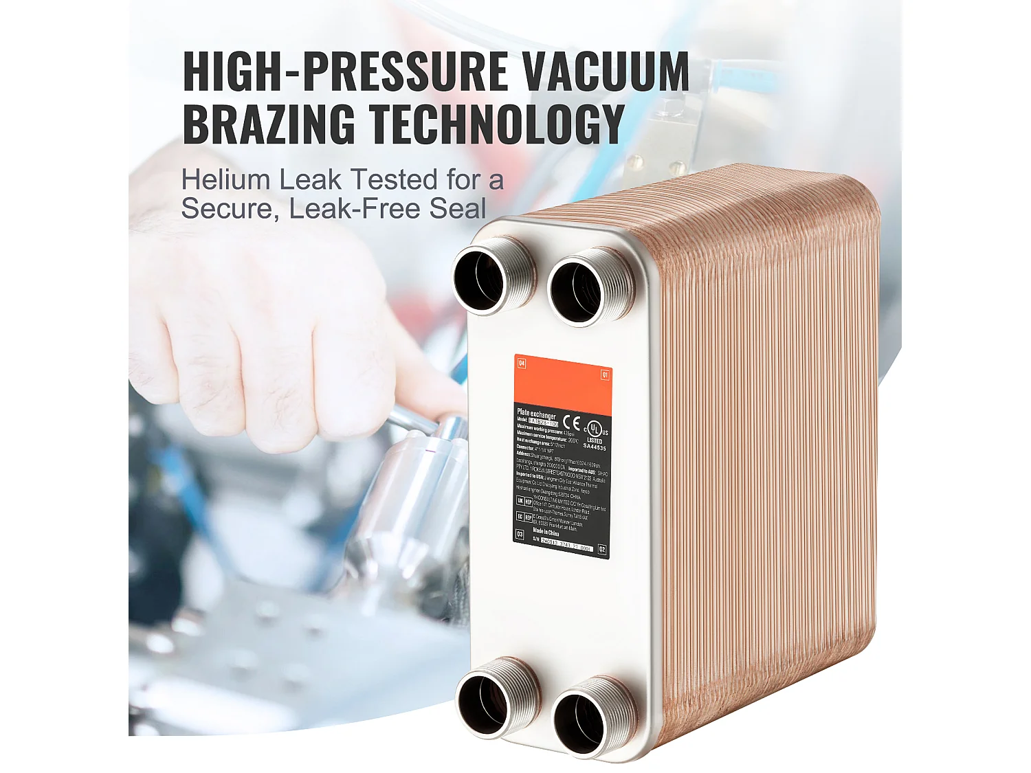 Intercambiador de Calor SucceBuy de 100 Placas 41-0.64cm Puertos MNPT 12.7cm x 30.5cm Soldado 316L Acero