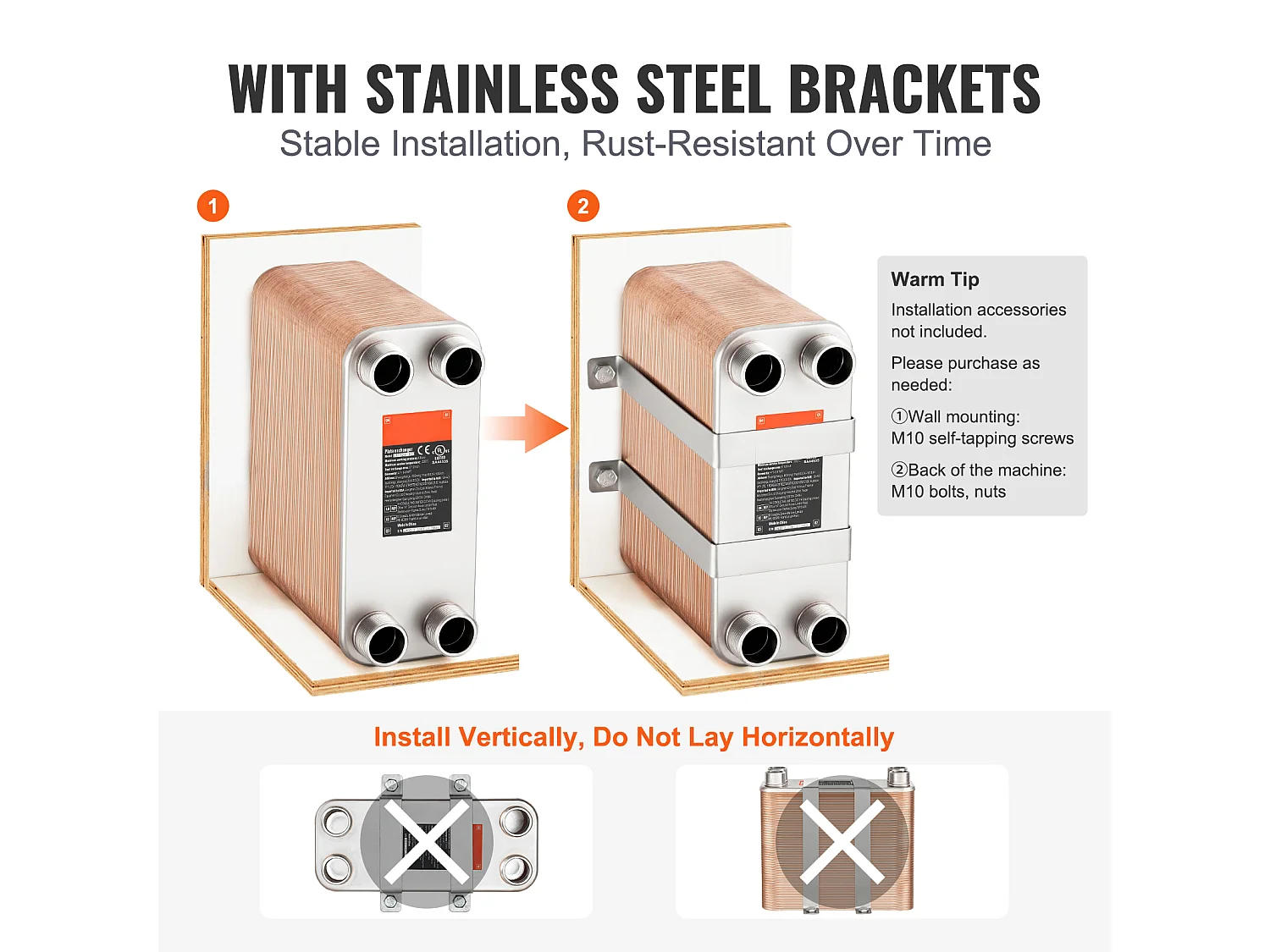 Intercambiador de Calor SucceBuy de 100 Placas 41-0.64cm Puertos MNPT 12.7cm x 30.5cm Soldado 316L Acero