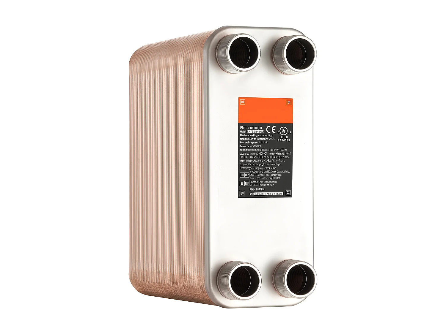 Intercambiador de Calor SucceBuy de 100 Placas 41-0.64cm Puertos MNPT 12.7cm x 30.5cm Soldado 316L Acero