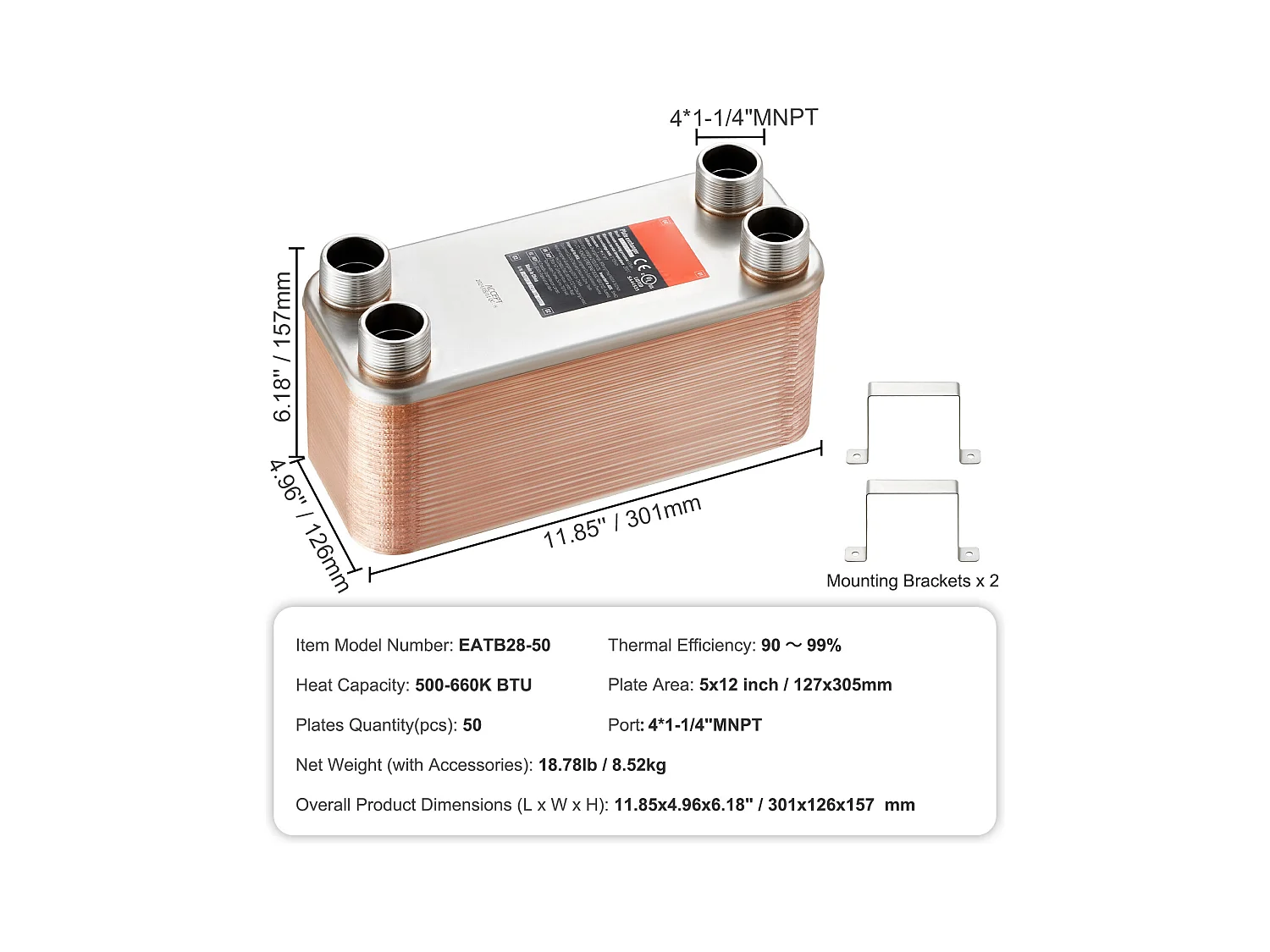 Échangeur de Chaleur SucceBuy à 50 Plaques 41-0.64 cm Ports MNPT 12.7cm x 30.5cm Brasé 316L Acier