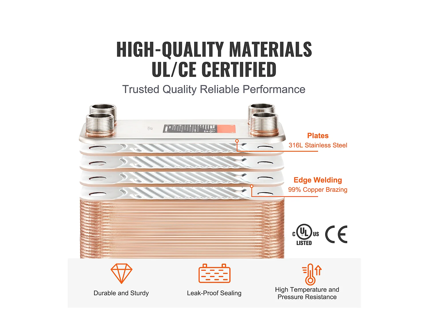 Échangeur de Chaleur SucceBuy à 50 Plaques 41-0.64 cm Ports MNPT 12.7cm x 30.5cm Brasé 316L Acier