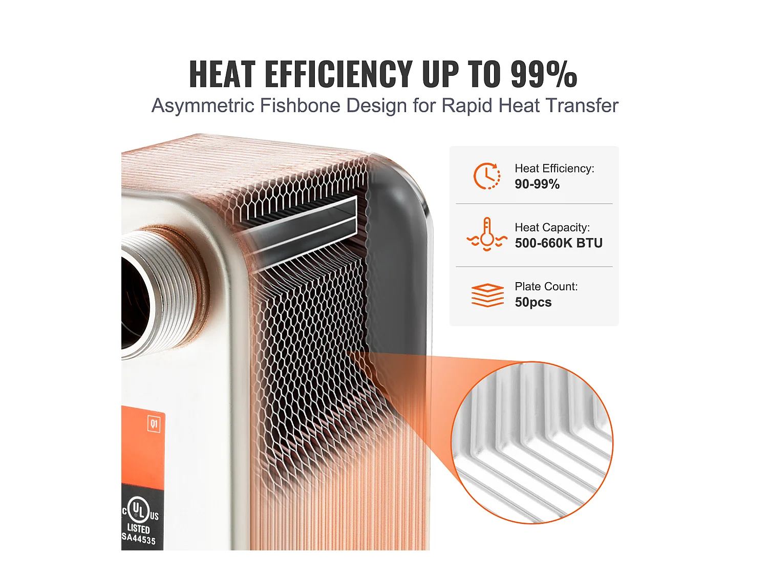 Échangeur de Chaleur SucceBuy à 50 Plaques 41-0.64 cm Ports MNPT 12.7cm x 30.5cm Brasé 316L Acier