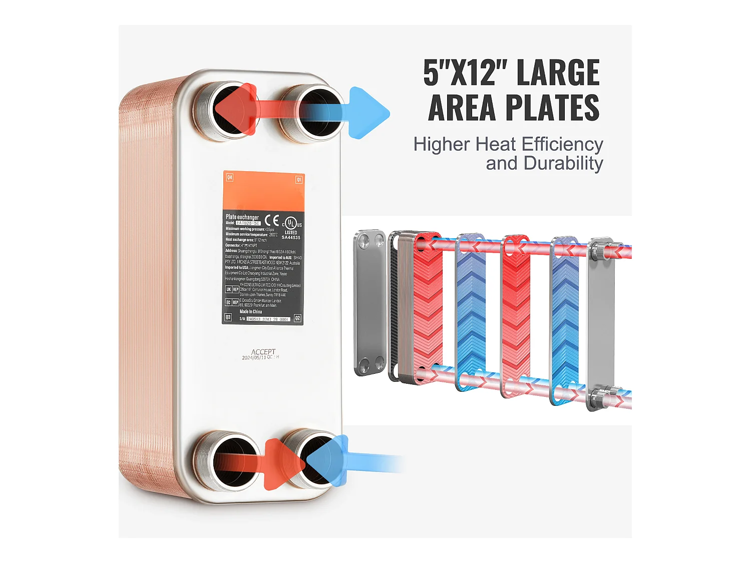 Échangeur de Chaleur SucceBuy à 50 Plaques 41-0.64 cm Ports MNPT 12.7cm x 30.5cm Brasé 316L Acier