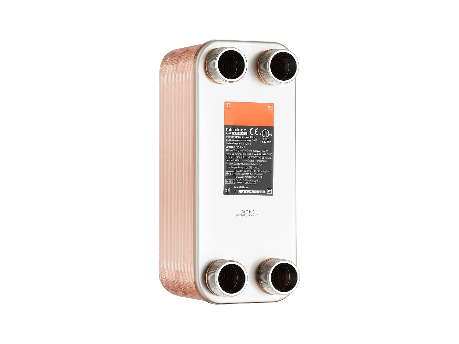 Échangeur de Chaleur SucceBuy à 50 Plaques 41-0.64 cm Ports MNPT 12.7cm x 30.5cm Brasé 316L Acier