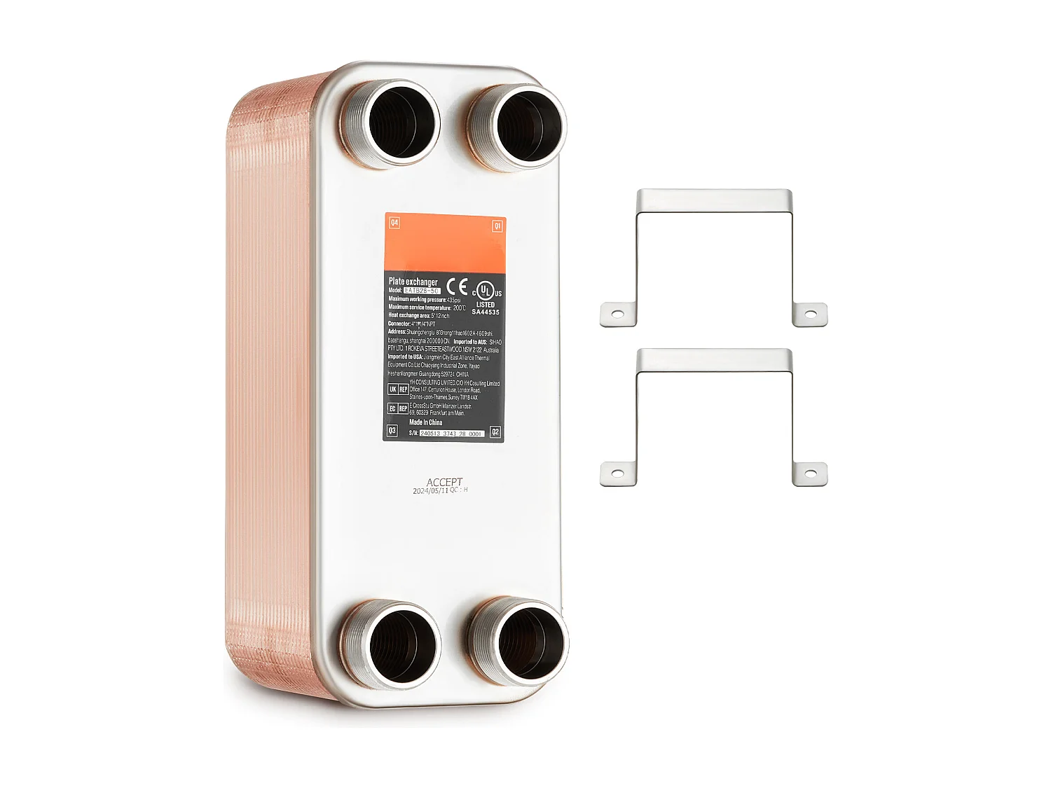 Échangeur de Chaleur SucceBuy à 50 Plaques 41-0.64 cm Ports MNPT 12.7cm x 30.5cm Brasé 316L Acier